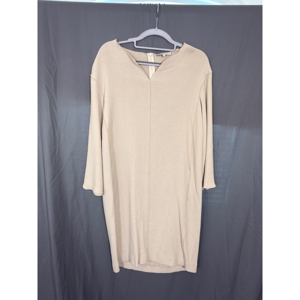 NWT Antonelli Firenze Beige Textured V-Neck Long Sleeve Shift Dress Size 40 New